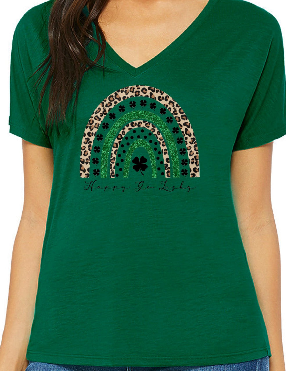 Happy Go Lucky Rainbows on Green V-Neck Tee