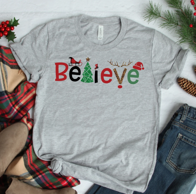 BELIEVE on Gray Tee