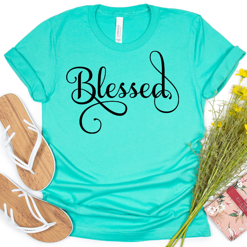 Blessed Black Letters on Sea Green Tee