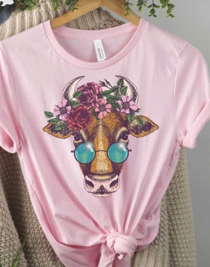 Boho Cow on Lt. Pink Tee