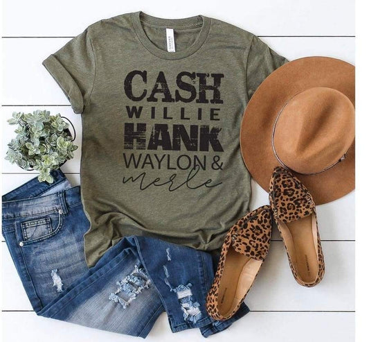 Cash Willie Hank Waylon Merle Heather Olive Graphic Tee