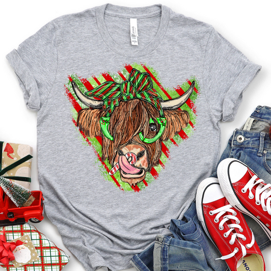 Christmas Shaggy Cow on Gray Tee