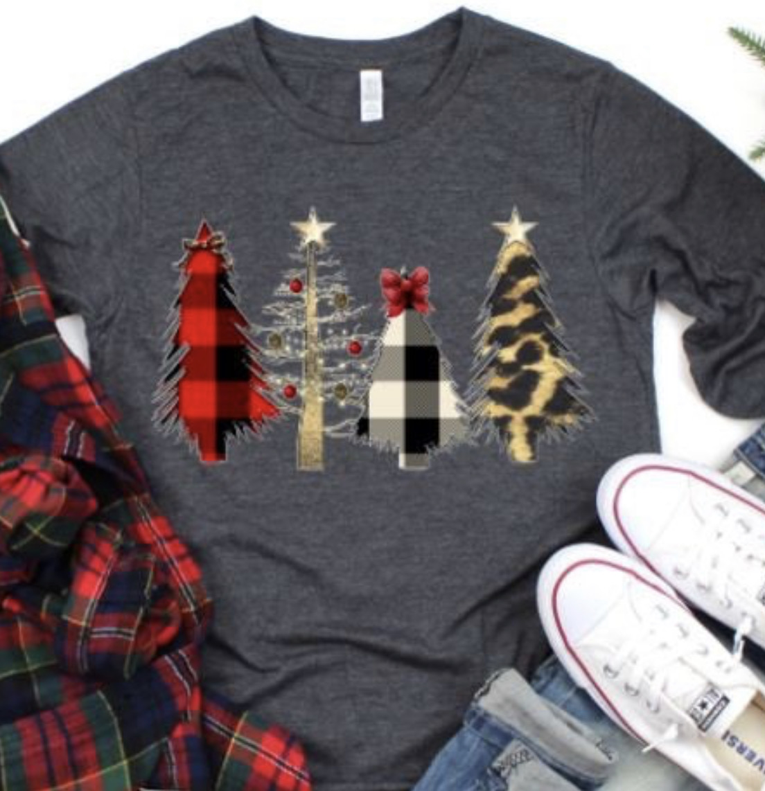 Christmas Trees With Buffalo Plaid And Leopard On Gray Long Sleeve Tee