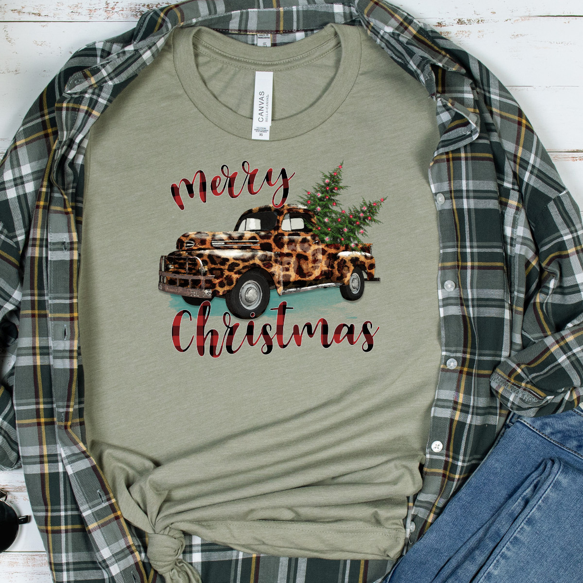 Leopard Truck Merry Christmas on Sage Tee