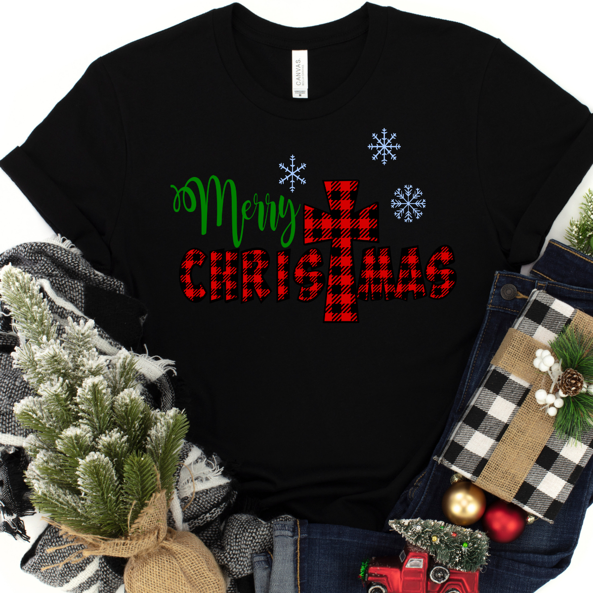 Merry Christmas Buffalo Plaid on Black Tee