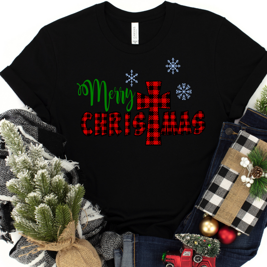 Merry Christmas Buffalo Plaid on Black Tee