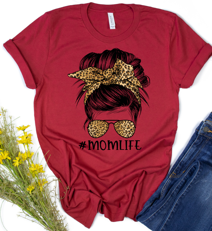 Mom Life Messy Bun with Leopard Graphic Tee