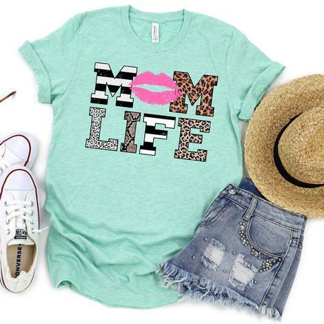 Mom Life with Lips, Leopard and Stripes Graphic Tee