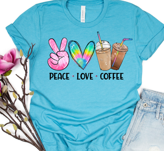 Peace Love Coffee on Heather Aqua Tee