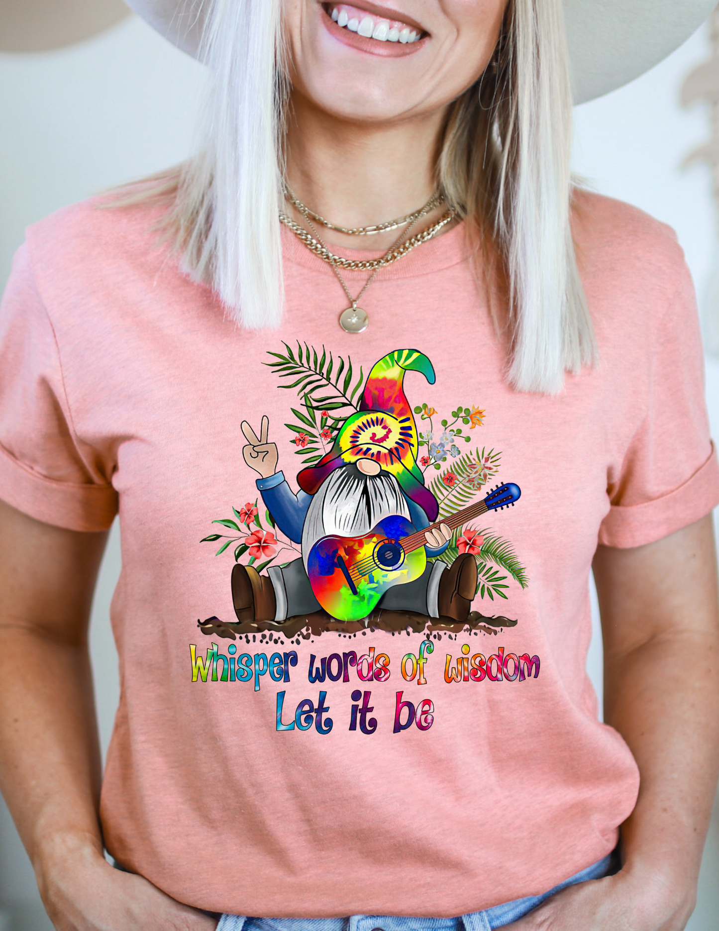 Whisper Words of Wisdom Tie Dye Gnome on Peach Tee