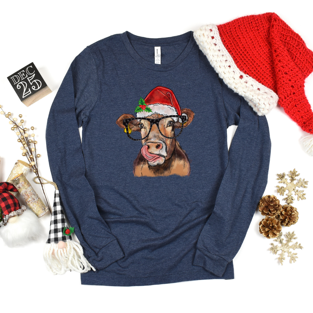 Christmas cow Heather Navy Long Sleeve Tee