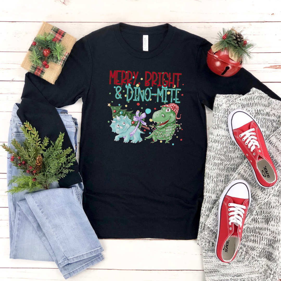 Christmas Dinosaurs on Black Long Sleeve Tee