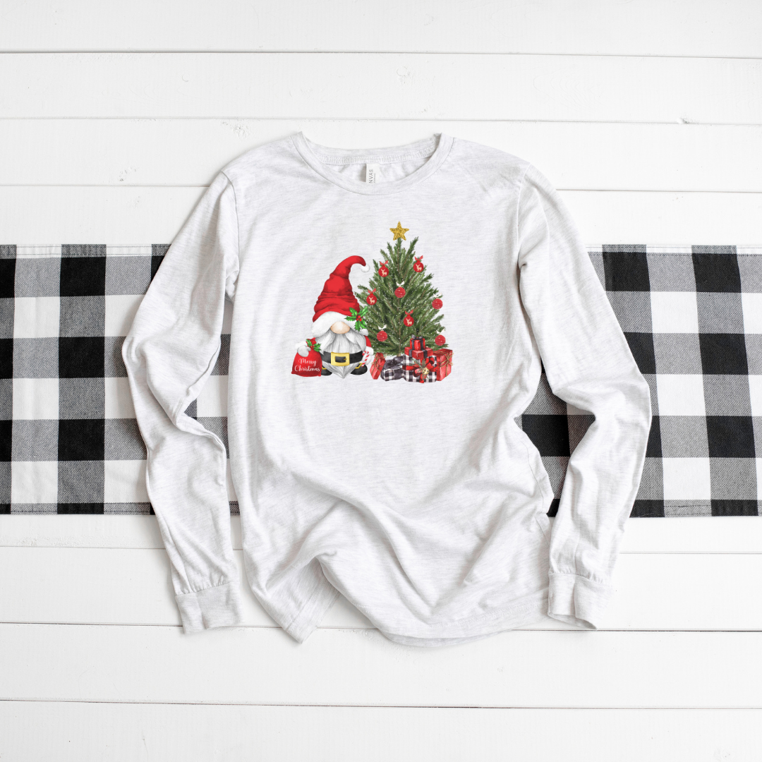 Christmas Tree Gnome on White Long Sleeve Tee