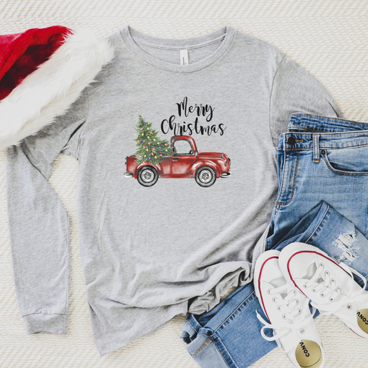 Christmas Truck on Light Gray Long Sleeve Tee