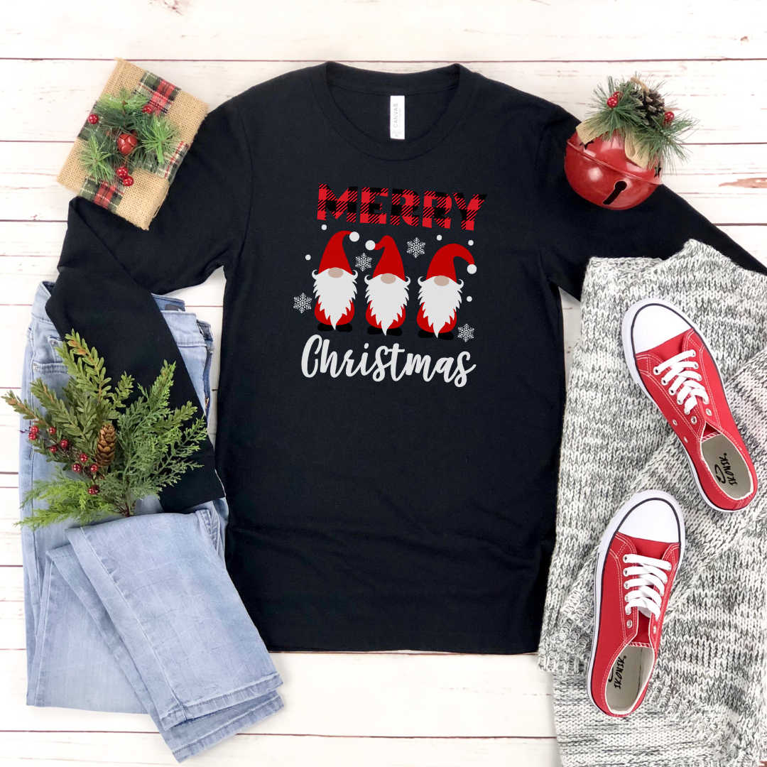 Gnome Christmas on Black Long Sleeve Tee