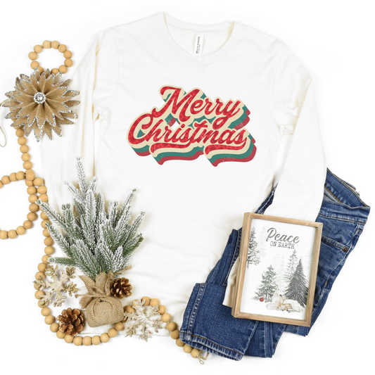 Retro Christmas on White Long Sleeve Tee