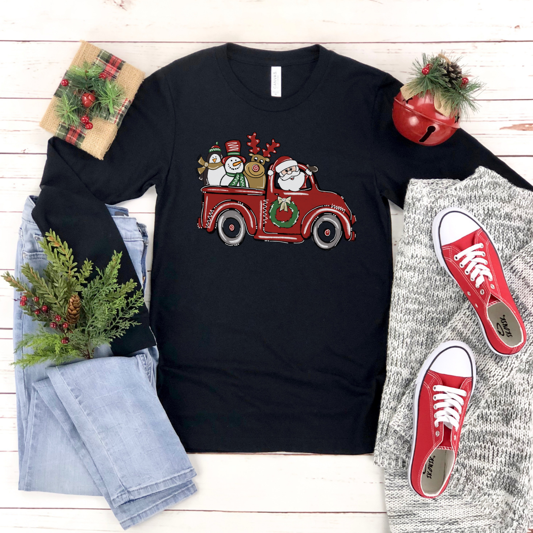 Santa Truck on Black Long Sleeve Tee