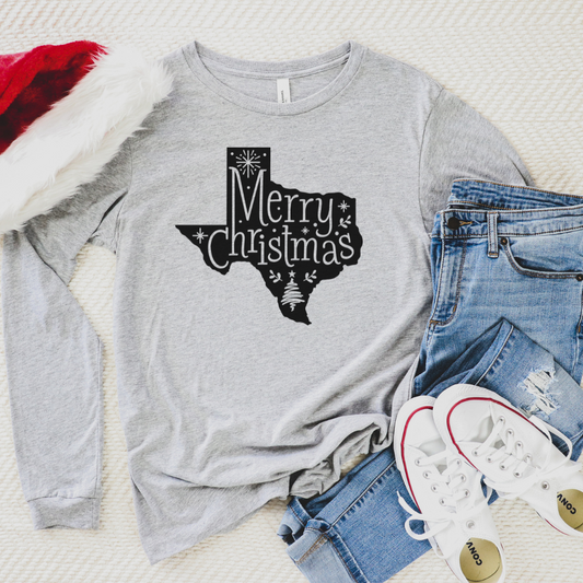 Texas Christmas on Light Gray Long Sleeve Tee