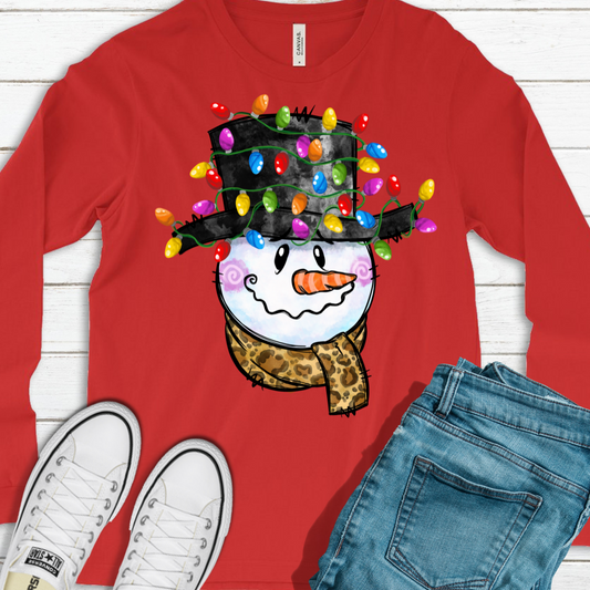 Snowman with Leopard Scarf on Red Long Sleeve Tee