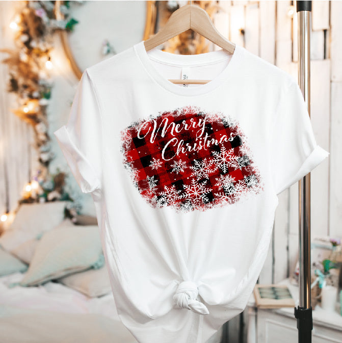 Merry Christmas Buffalo Plaid with Snowflakes on White Tee