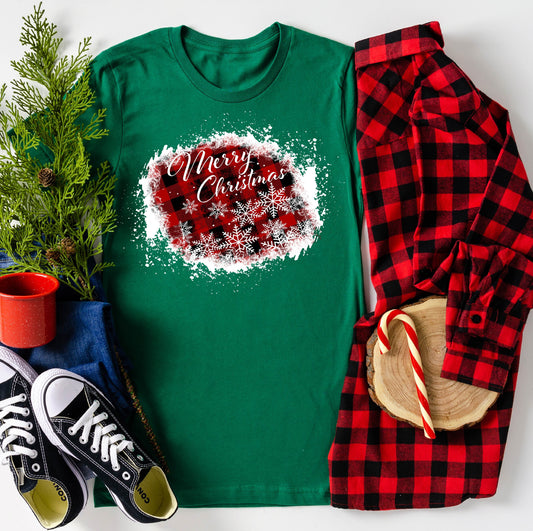 Merry Christmas Buffalo Plaid with Snowflakes on Green Tee