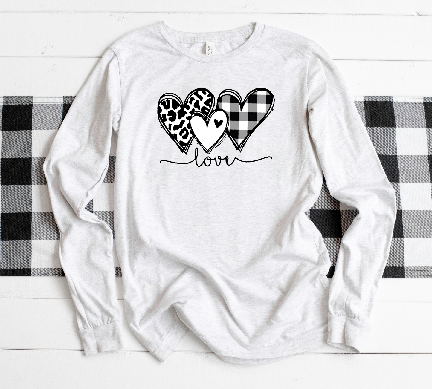 Checkered Hearts on Ash Long Sleeve Tee