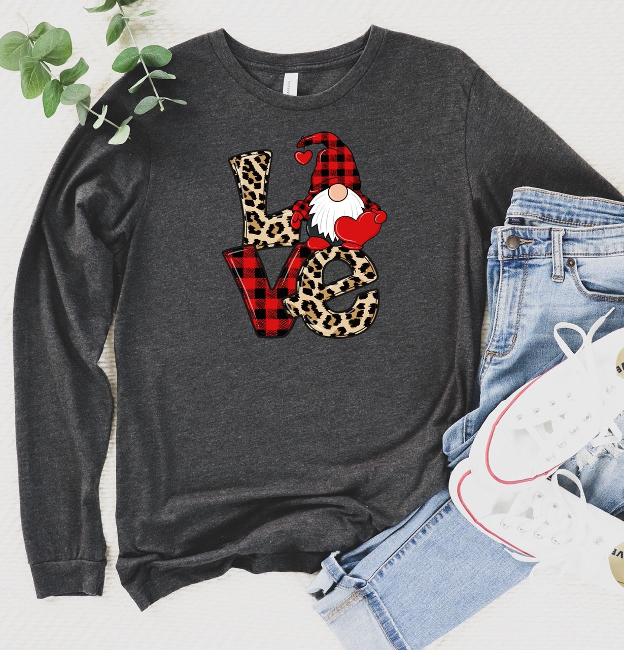 Gnome Leopard Love on Dark Grey Heather Long Sleeve Tee