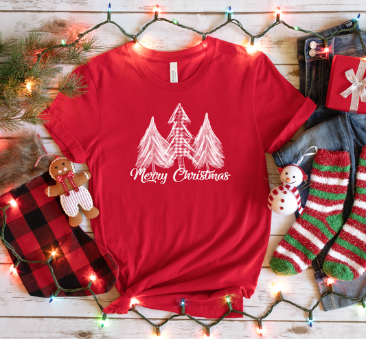 Merry Christmas Trees on Red Tee