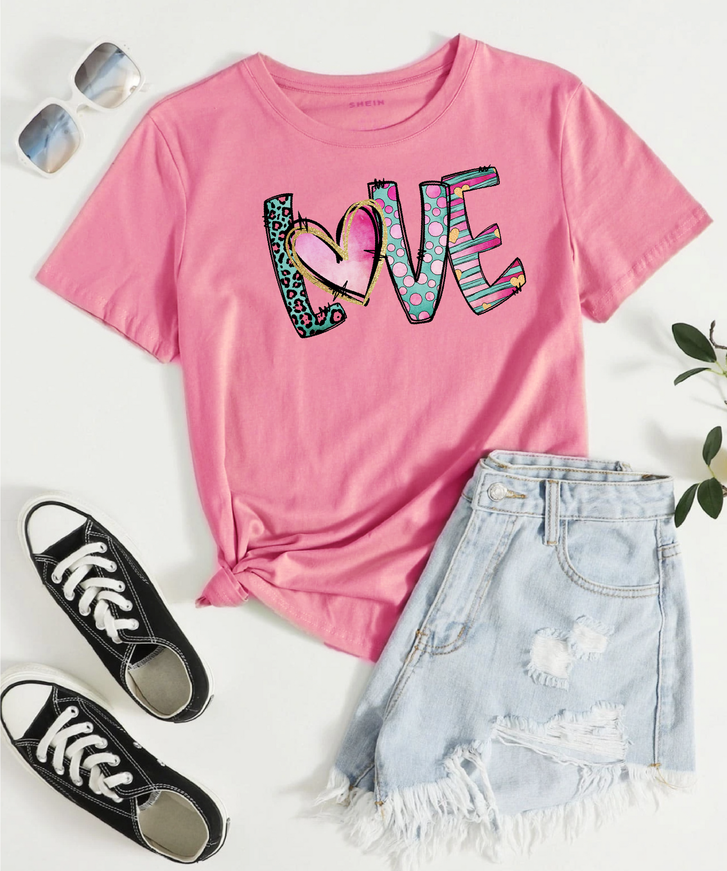 Pink LOVE on Teal Tee